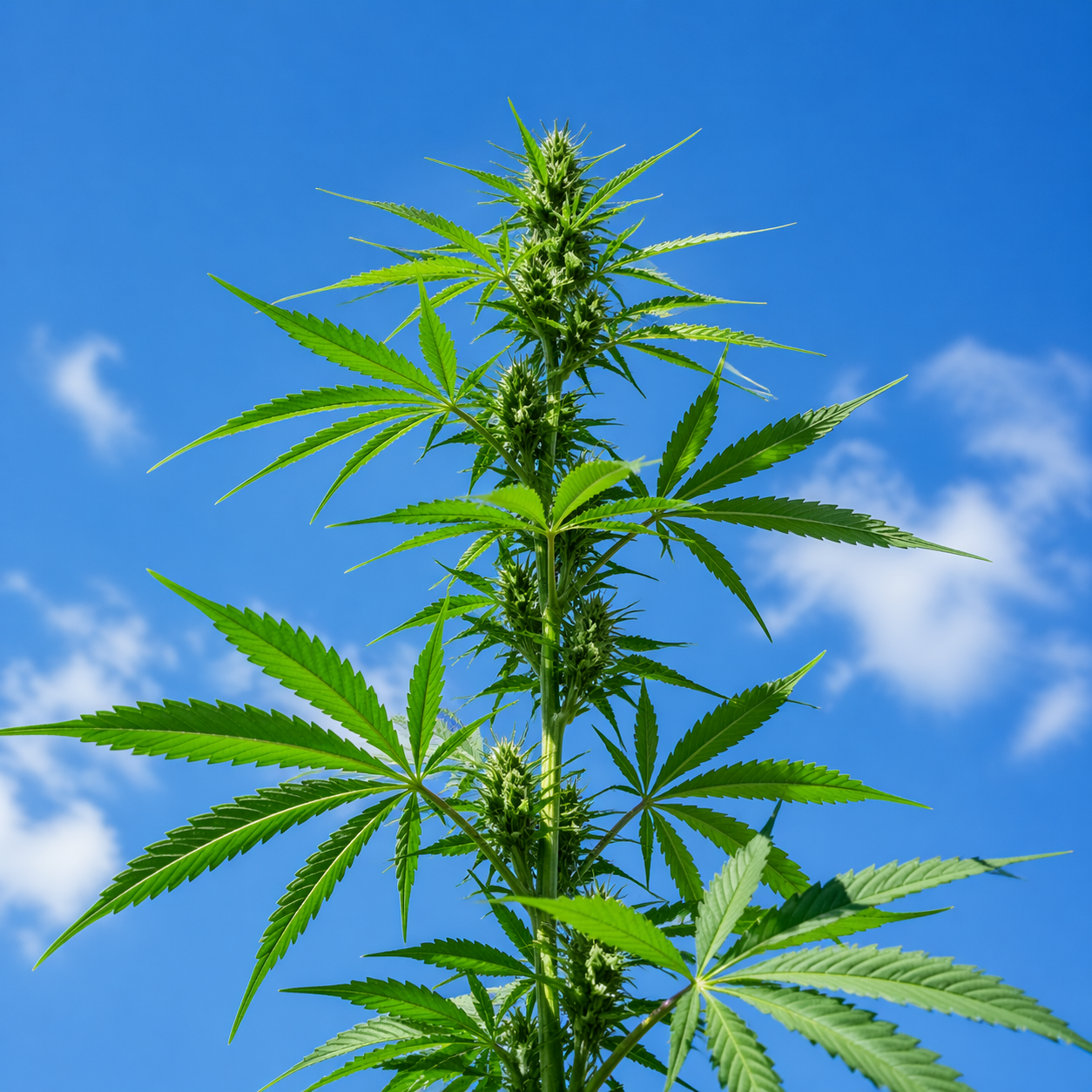 Tall green hemp plant with broad leaves and buds growing against a clear blue sky with soft clouds.