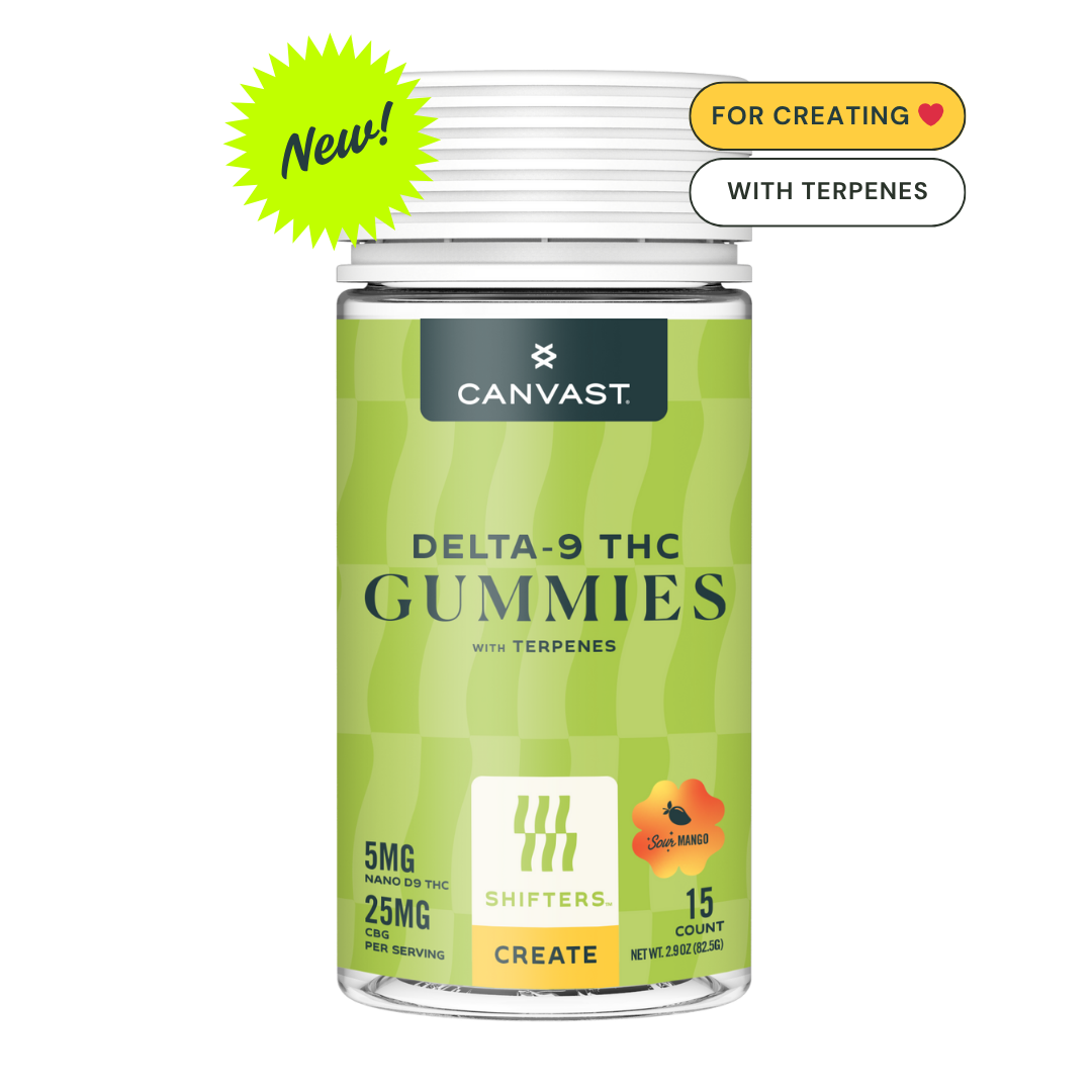 Create Gummies are built to help you loosen up, tune in, and bring ideas to life. With 5mg of fast-acting Nano Delta-9 THC and 25mg of CBG, this unique ratio delivers a clear-headed lift that fuels creativity without the chaos. Use them to brainstorm, write, paint, plan, or just reconnect with your sense of play.