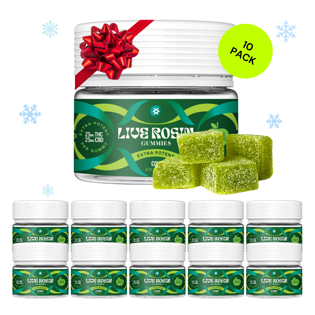 10-pack of Live Rosin gummies with a gift jar and red bow on a white background.