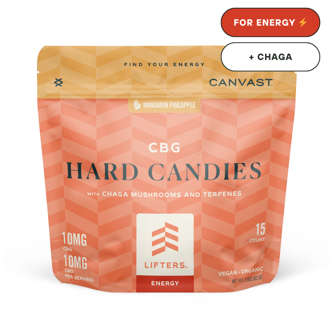 canvast lifters for energy hard candies edibles with cbg, cbd, chaga mushrooms and terpenes.