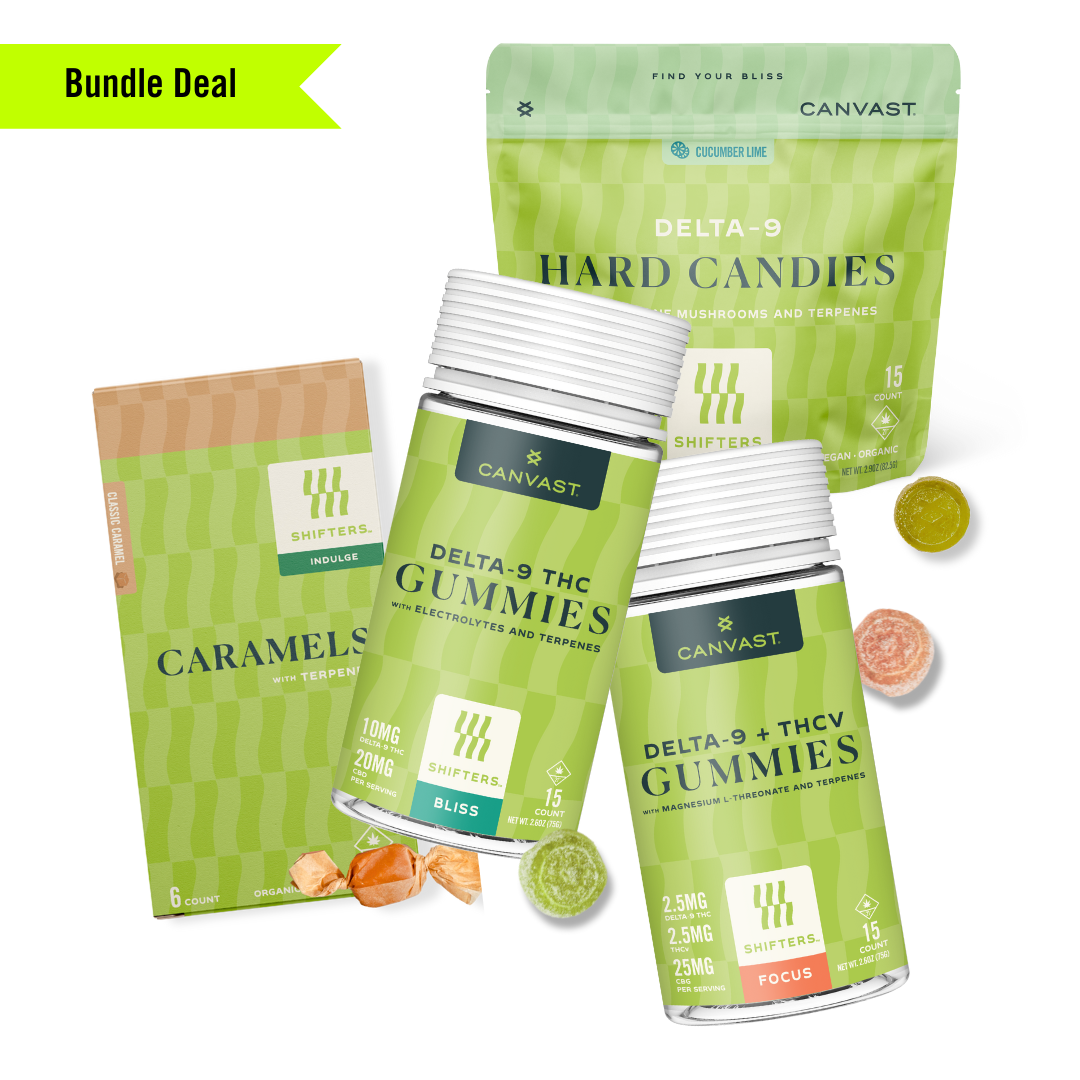 Shifters Find Your Edible Set with Shifters Indulge Delta-9 THC Caramels, Shifters Bliss Delta-9 THC Hard Candies, Shifters Bliss Delta-9 THC Gummies, Shifters Focus THCv Gummies