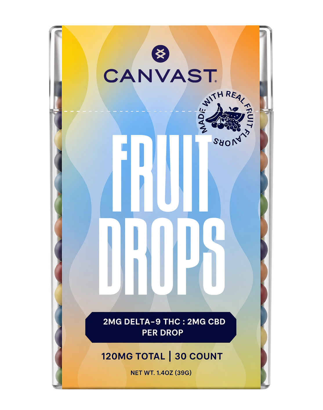 Clear container of colorful fruit-flavored sublingual THC drops on a wooden table with scattered candies and a hand picking one up