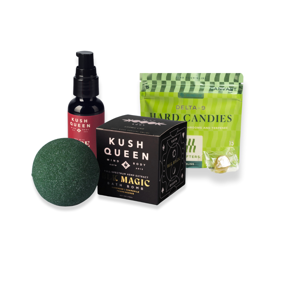 Love Bundle Offer including 1 Kush Queen Black Magic Bath Bomb, 1 Kush Queen THC Lube, and 1 6-count bag of Canvast Shifters Delta-9 THC Hard Candies. Priced at $94.