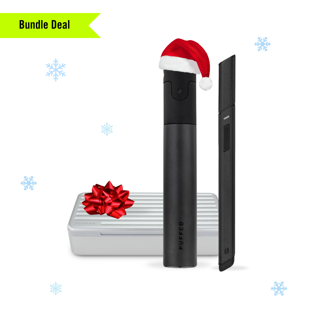 Gift bundle featuring a black Puffco Pivot, a Puffco Hot Knife, and a pearl-colored Puffco Pivot travel case, arranged together on a white background.