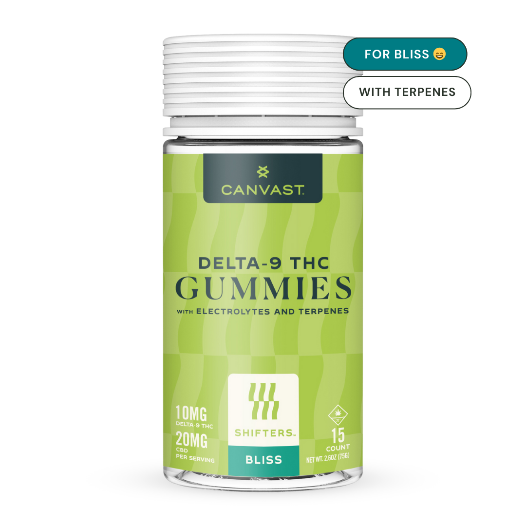 Canvast Shifters Delta-9 THC Bliss Gummies with Electrolytes and Terpenes to help you feel blissed out with 10mg of Delta-9 THC and 20mg CBD