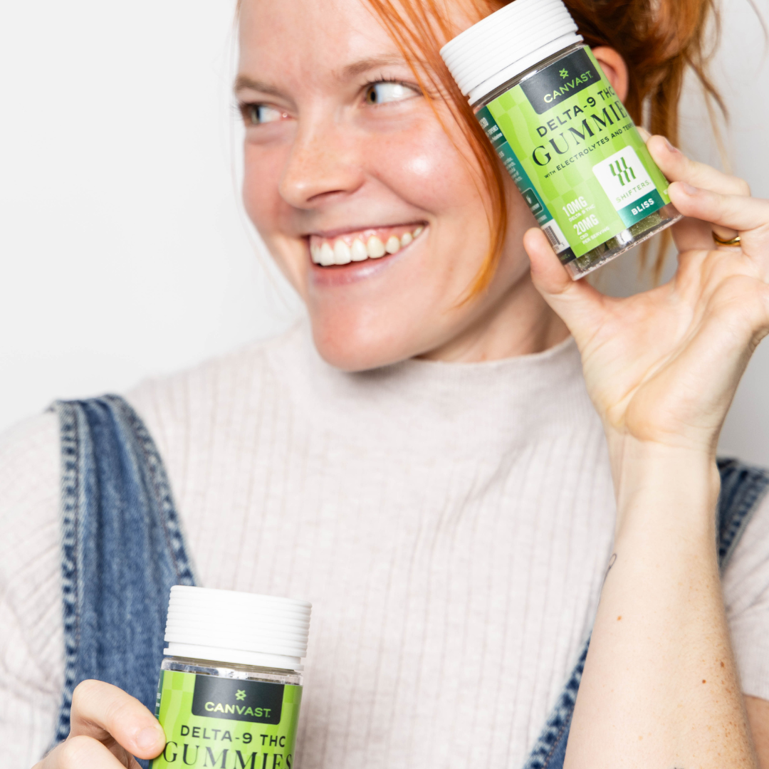 Canvast Shifters Delta-9 THC Bliss Gummies with Electrolytes and Terpenes to help you feel blissed out with 10mg of Delta-9 THC and 20mg CBD