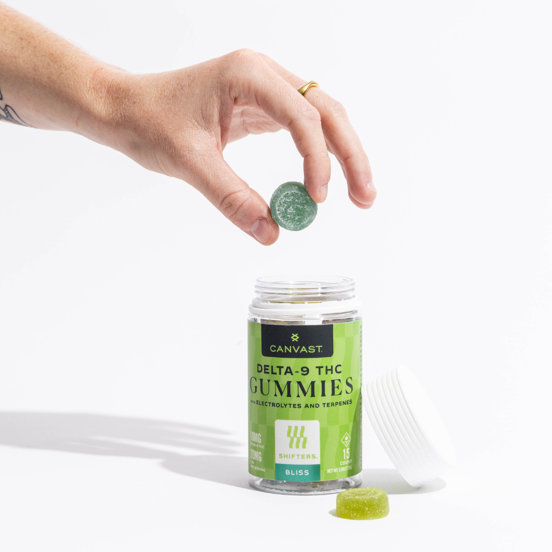 Canvast Shifters Delta-9 THC Bliss Gummies with Electrolytes and Terpenes to help you feel blissed out with 10mg of Delta-9 THC and 20mg CBD