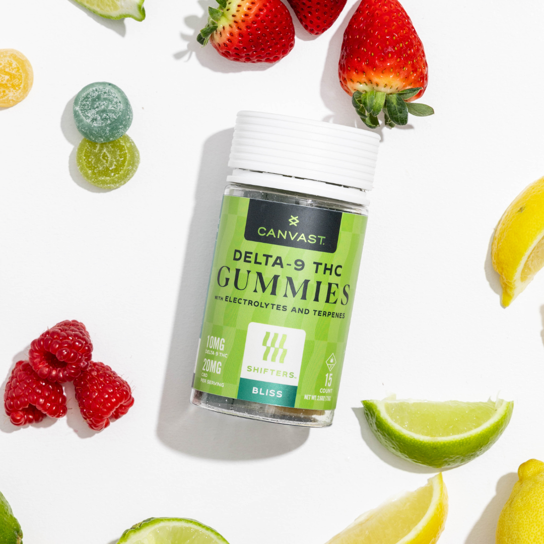 Canvast Shifters Delta-9 THC Bliss Gummies with Electrolytes and Terpenes to help you feel blissed out with 10mg of Delta-9 THC and 20mg CBD