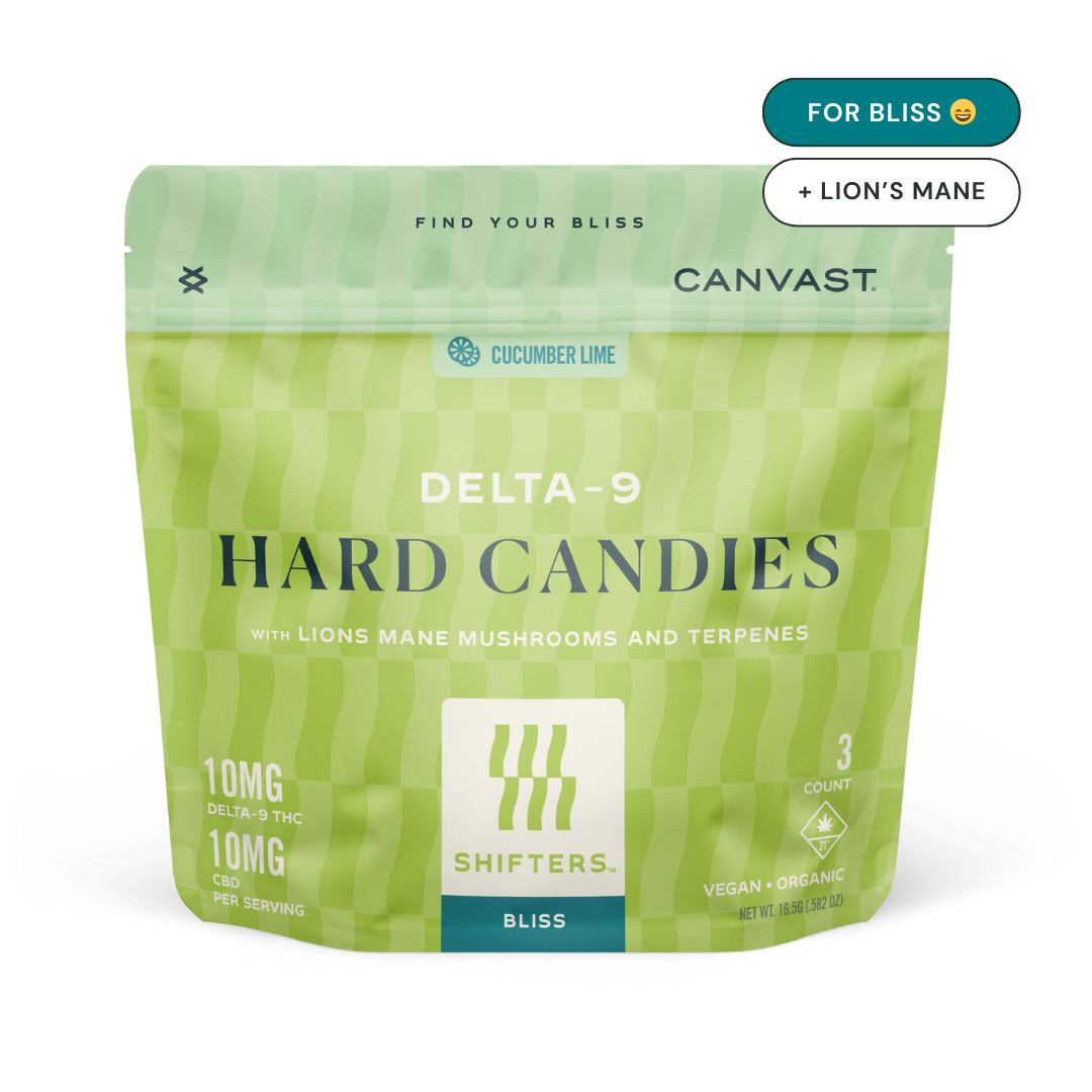 canvast shifters for bliss hard candies edibles with delta-9, cbd, lions mane mushrooms and terpenes.