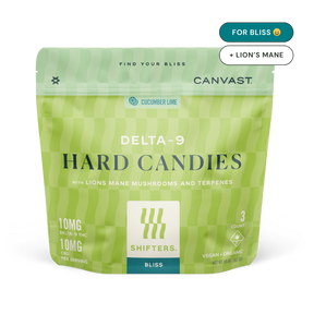 canvast shifters for bliss hard candies edibles with delta-9, cbd, lions mane mushrooms and terpenes.