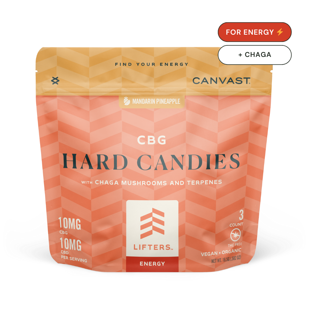 canvast lifters for energy hard candies edibles with cbg, cbd, chaga mushrooms and terpenes.