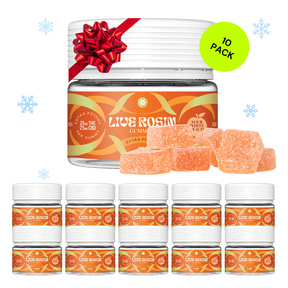 10-pack of Live Rosin gummy jars with a red bow on a white background