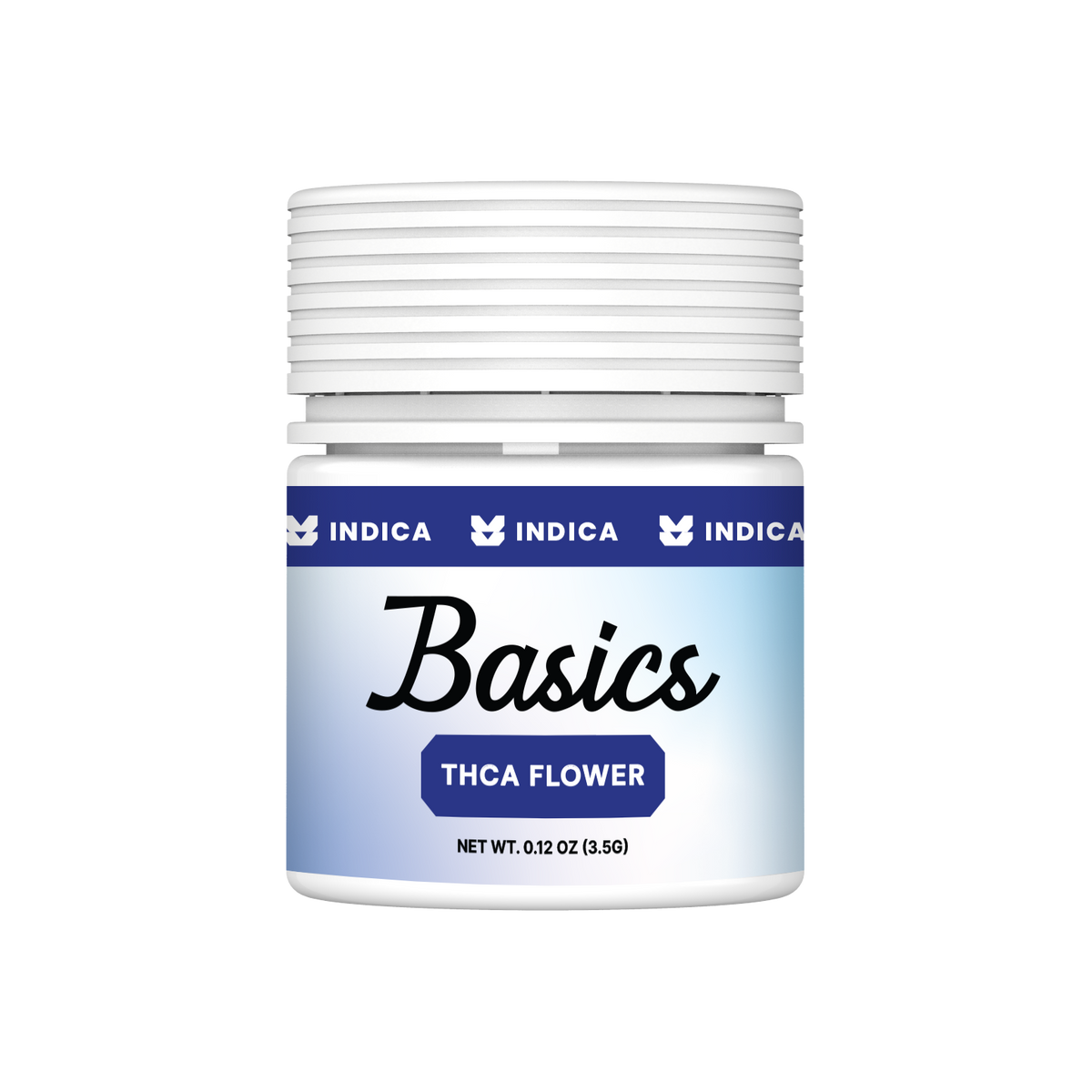 Canvast Basics Indica THCA hemp flower 3.5g jar with white screw-top lid and blue indica banner label.