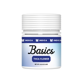 Canvast Basics Indica THCA hemp flower 3.5g jar with white screw-top lid and blue indica banner label.