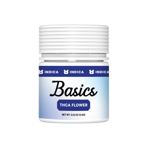 Canvast Basics Indica THCA hemp flower 3.5g jar with white screw-top lid and blue indica banner label.