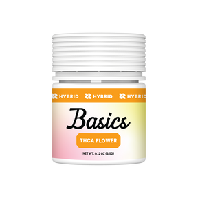 Canvast Basics Hybrid THCA hemp flower 3.5g jar with white screw-top lid and orange hybrid banner label.
