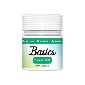 Canvast Basics Sativa THCA hemp flower 3.5g jar with white screw-top lid and green sativa banner label.