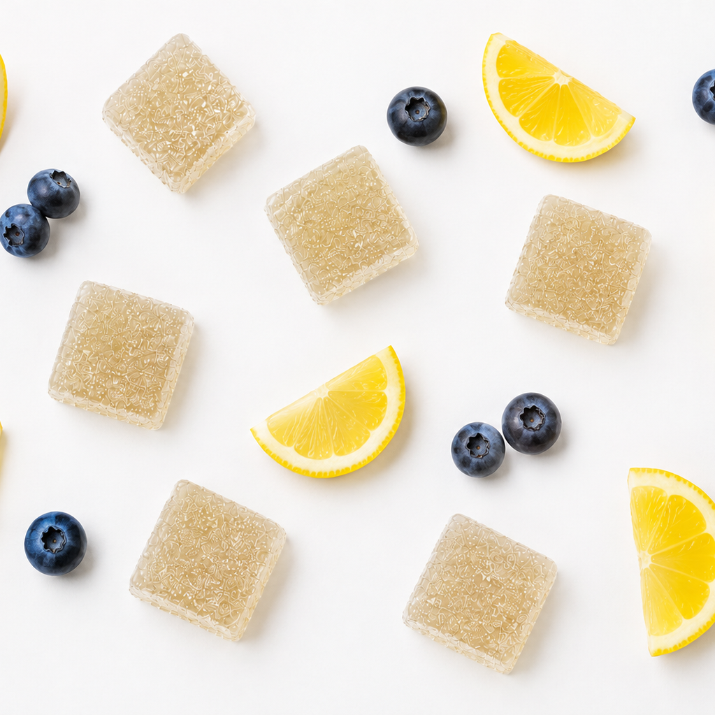 Basics Nano D9 THC Gummies arranged on a white background with scattered blueberries and lemon slices.