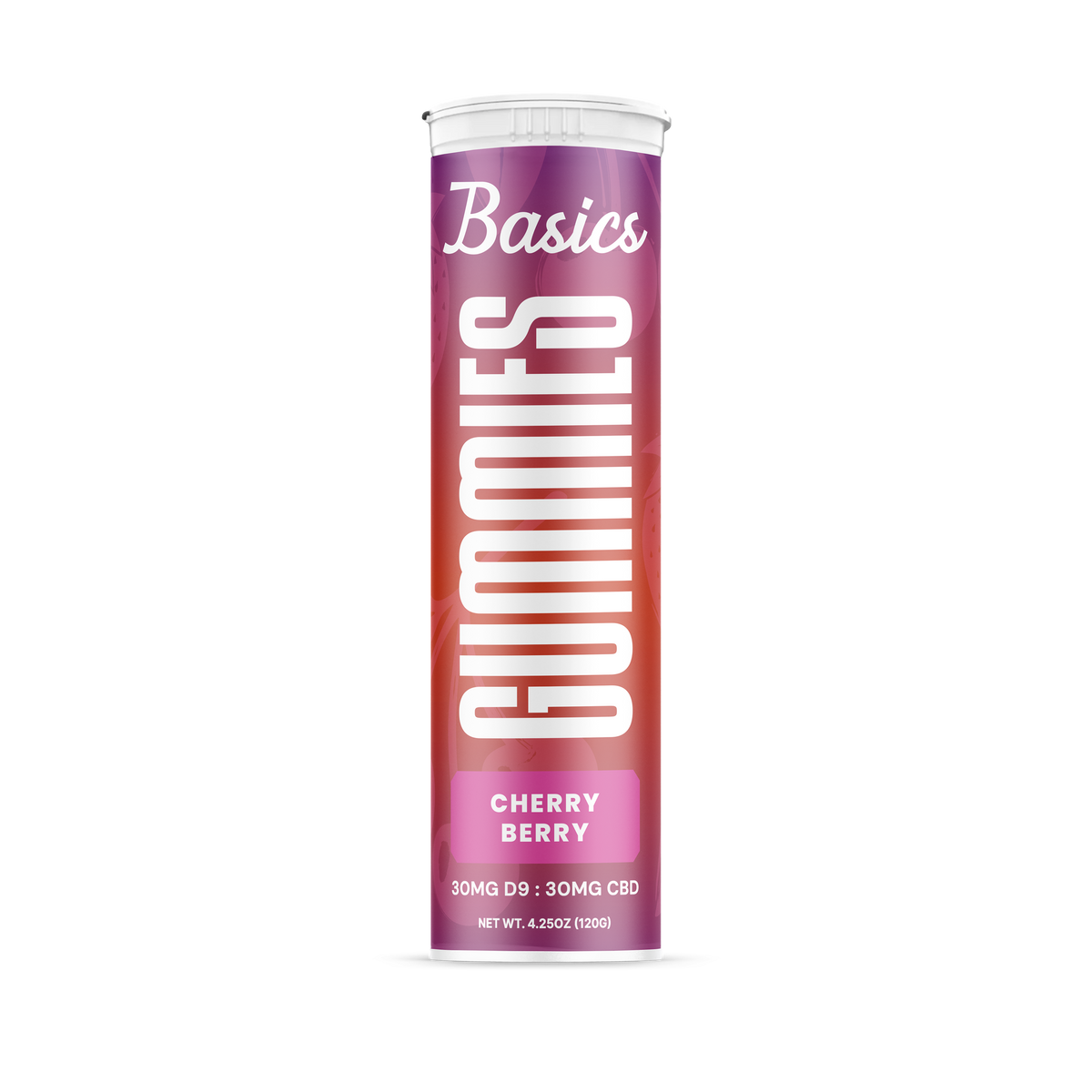 Tube of Basics Gummies Cherry Berry flavor on a white background - 10 count 30mg Delta-9 THC and 30mg CBD