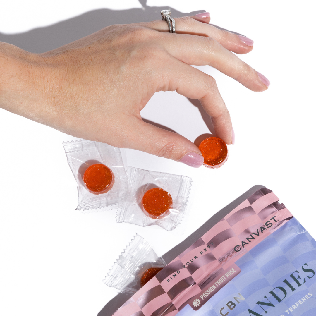canvast drifters hard candies edibles for sleep with cbn, cbd, reishi mushrooms and terepnes.