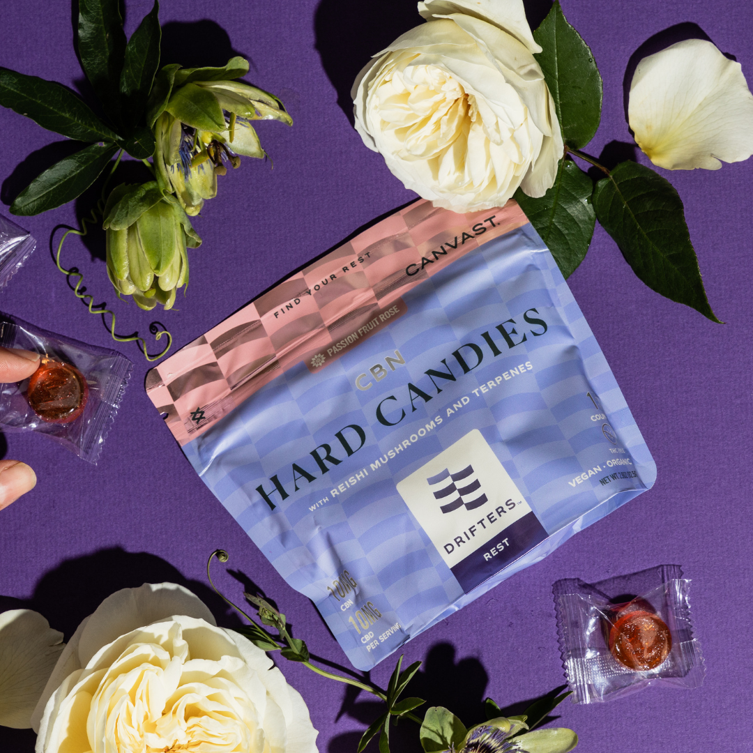 canvast drifters hard candies edibles for sleep with cbn, cbd, reishi mushrooms and terepnes.