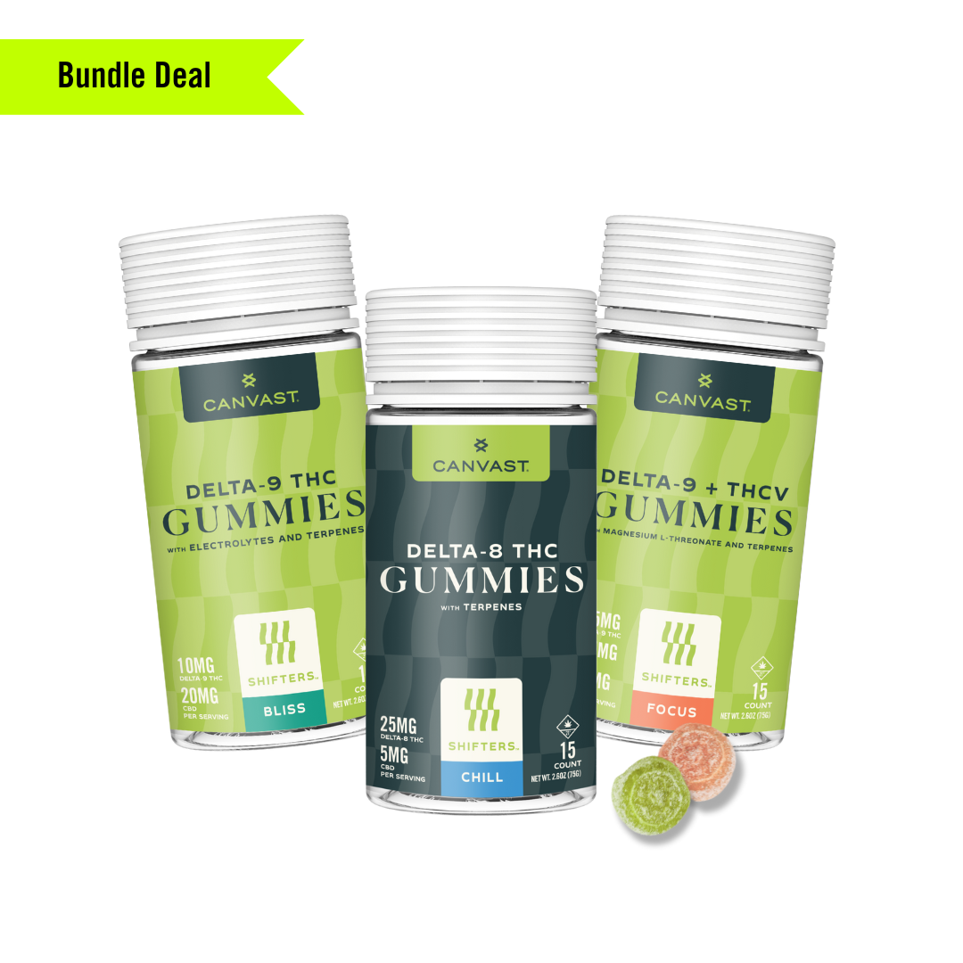 Shifters Gummies Bundle featuring Shifters Bliss Delta-9 THC Gummies, Shifters Focus Delta-9 THC + THCv Gummies, and Shifters Chill Delta-8 THC Gummies with added terpenes