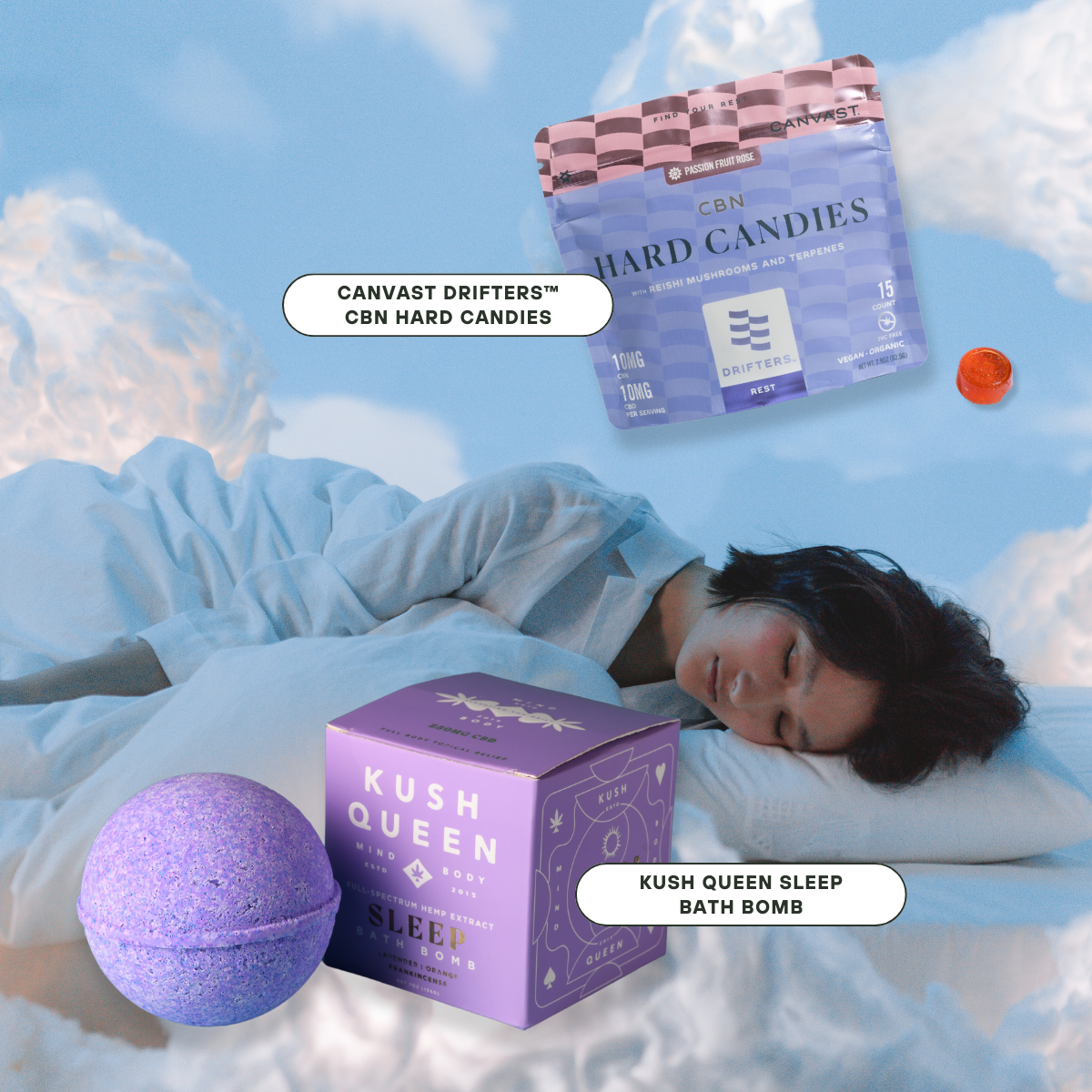 Restful Nights Bundle Offer including 1 Kush Queen Sleep Bath Bomb and 1 6-count bag of Canvast Drifters CBN Hard Candies. Priced at $44.