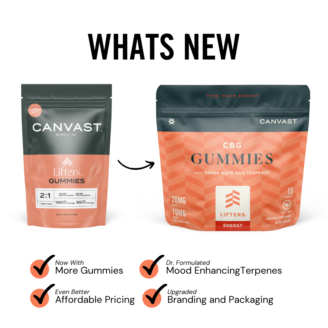 Canvast Lifters Energy Gummies with CBG, Yerba Mate and Terpenes for a Boost of Energy.