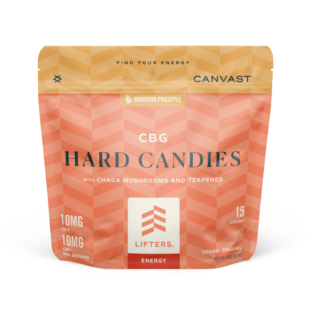 Canvast Lifters Hard Candies with CBG, CBD, Chaga Mushrooms and Terpenes for an uplifting feel any time of the day. Daily supplement for energy and a cannabinoid boost.