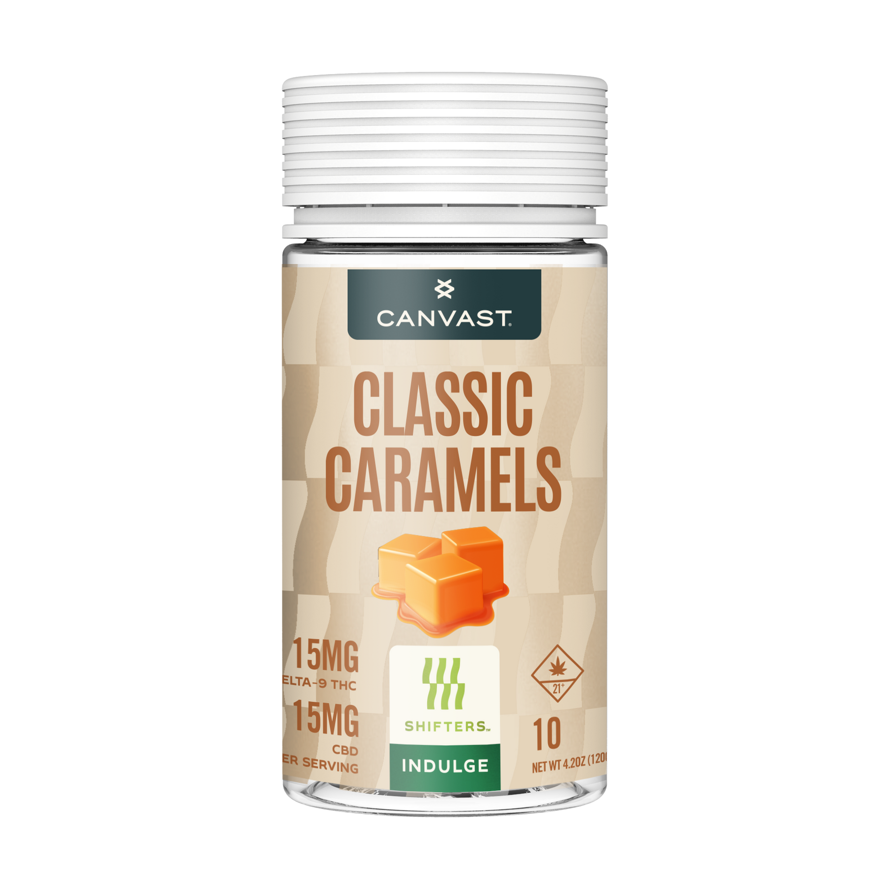 A bottle of Canvast Classic Caramels CBD edibles, featuring a beige label with brown text, an illustration of two caramel cubes, and a white ribbed cap, set against a plain white background.