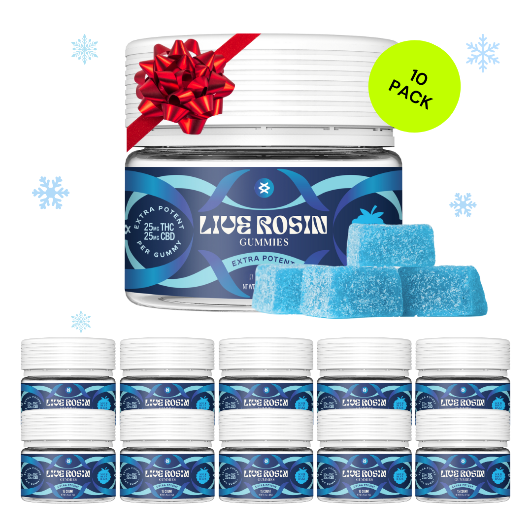 10-pack of Live Rosin gummies with a red bow on a white background