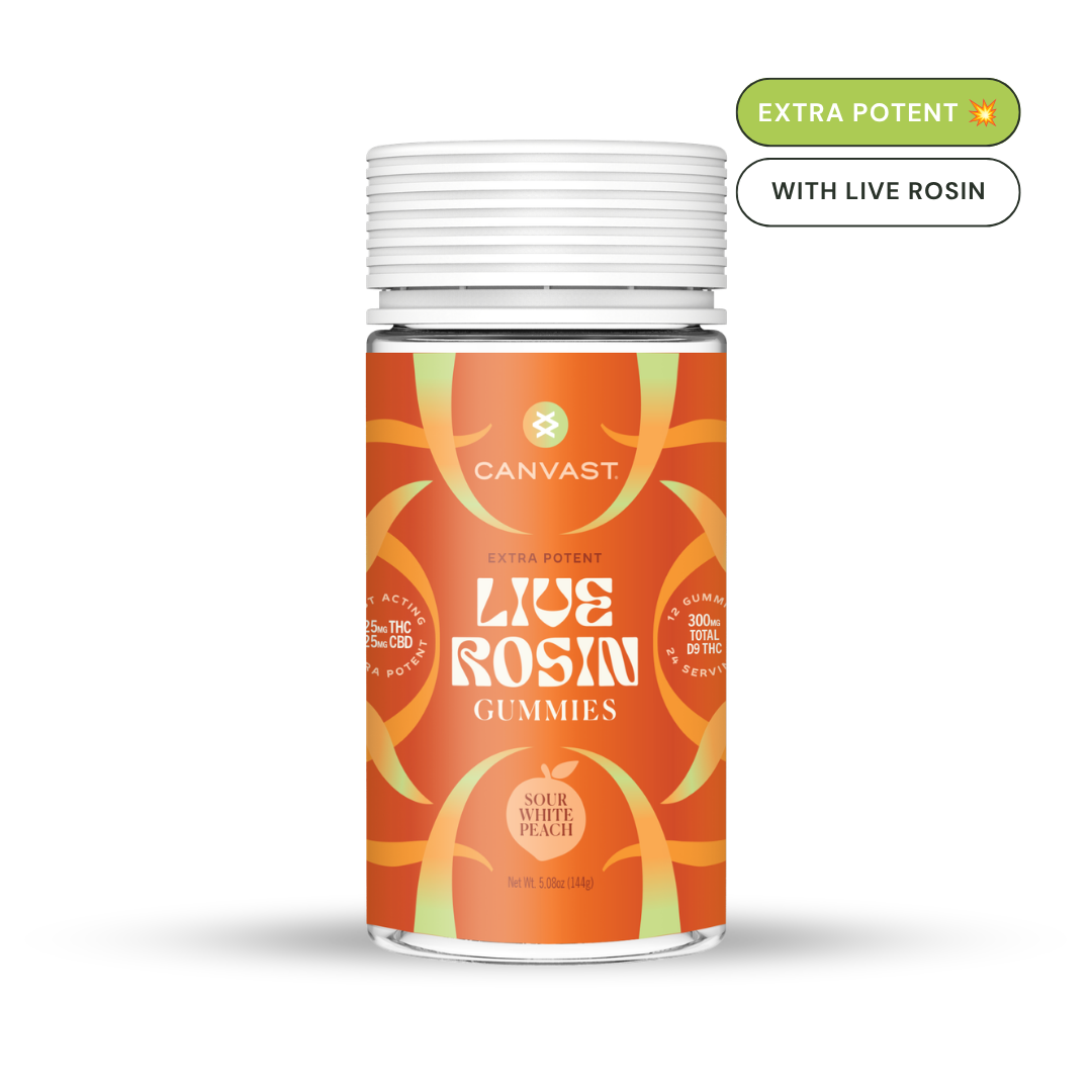Canvast Shifters D9 Live Rosin Sour White Peach Gummies - Extra Potent with 50mg total cannabinoids per gummy - Key Features: Organic sugar, Balanced Cannabinoid Ratio, Real Live Rosin, Organic Fruit Flavors 