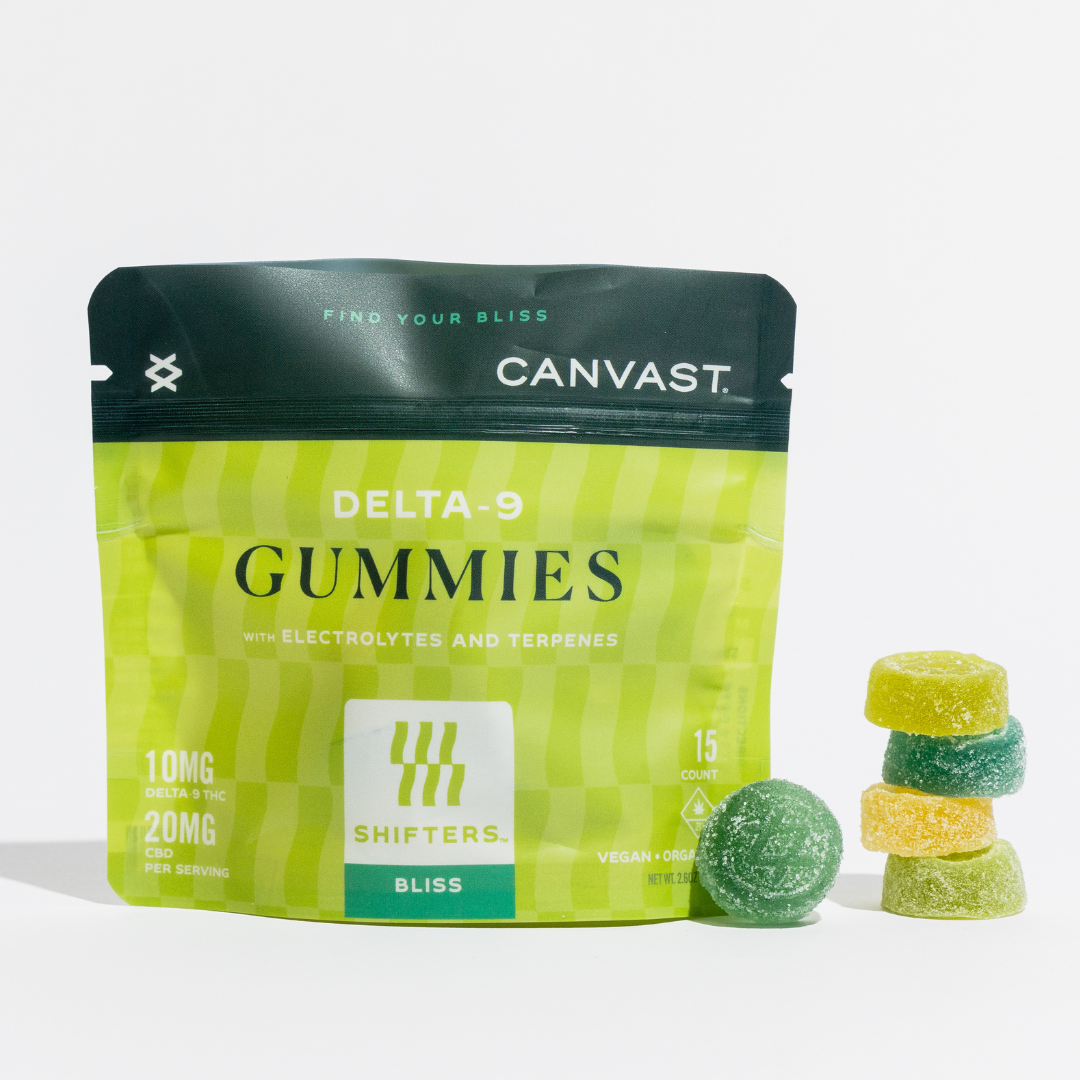 Canvast Shifters Delta-9 THC Bliss Gummies with Electrolytes and Terpenes to help you feel blissed out with 10mg of Delta-9 THC and 20mg CBD