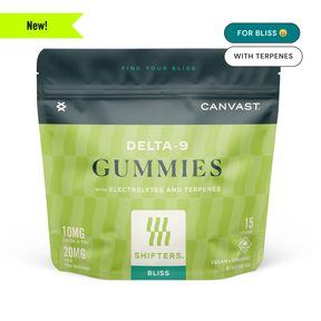 Canvast Shifters Delta-9 THC Bliss Gummies with Electrolytes and Terpenes to help you feel blissed out with 10mg of Delta-9 THC and 20mg CBD 