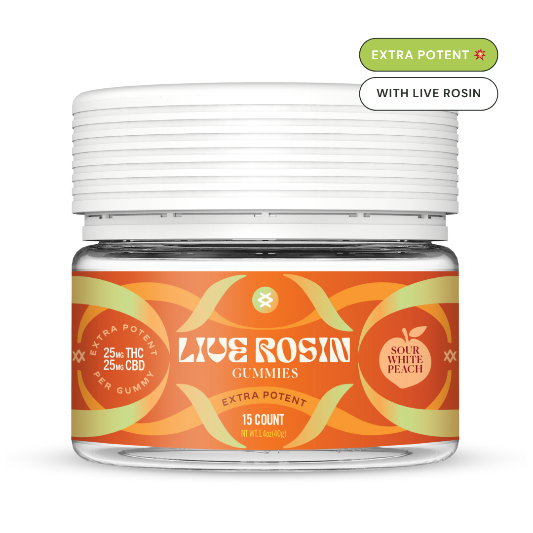 Canvast Shifters D9 Live Rosin Sour White Peach Gummies - Extra Potent with 50mg total cannabinoids per gummy - Key Features: Organic sugar, Balanced Cannabinoid Ratio, Real Live Rosin, Organic Fruit Flavors 