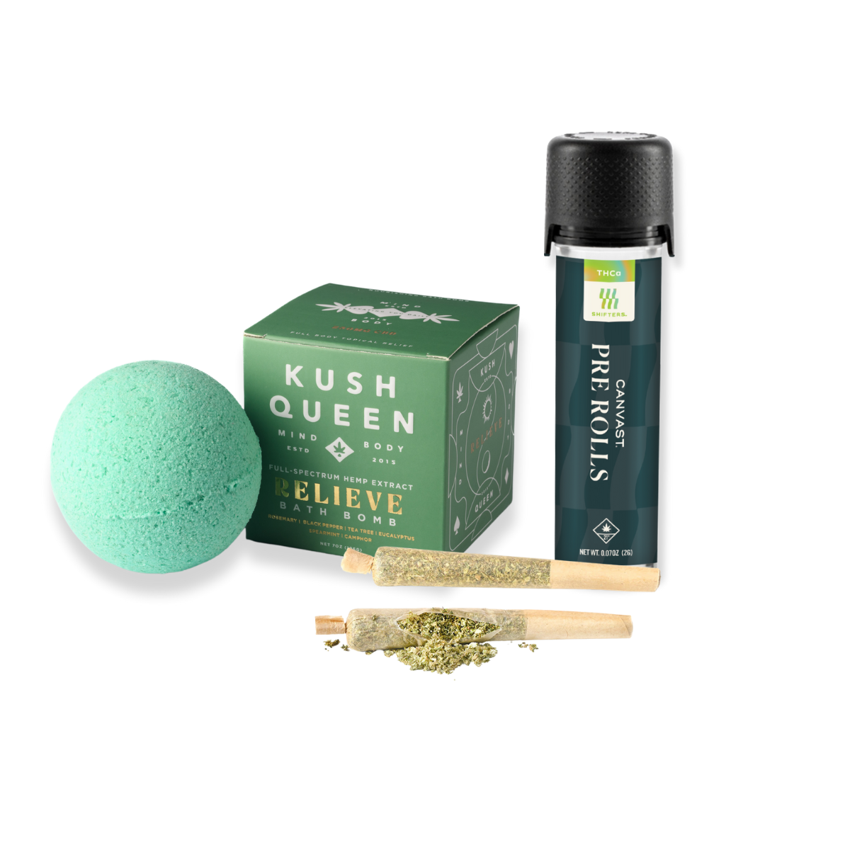 Soak and Toke Bundle Offer including 1 Kush Queen Bath Bomb and 1 Canvast Shifters THCa Pre Roll tube, 2 pre rolls to a tube. Priced at $40-45, dependent on the choice of CBD of THC Bath Bomb.