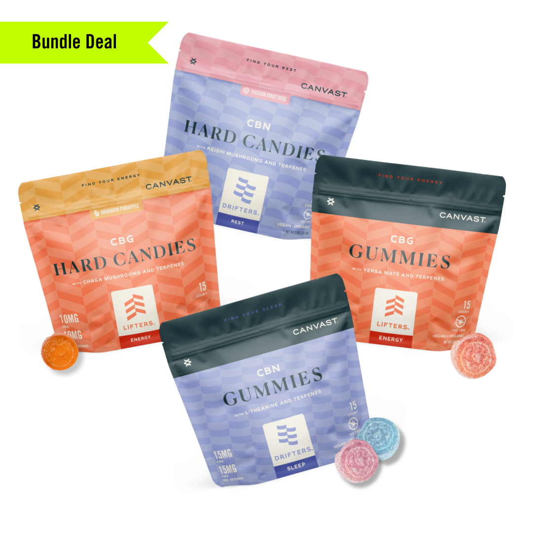 THC Free Edibles Bundle Featuring Lifters Energy CBG Hard Candies, Lifters Energy CBG with Yerba Mate Gummies, Drifters Sleep CBN Hard Candies, Drifters Sleep CBN with L-Threonate Gummies