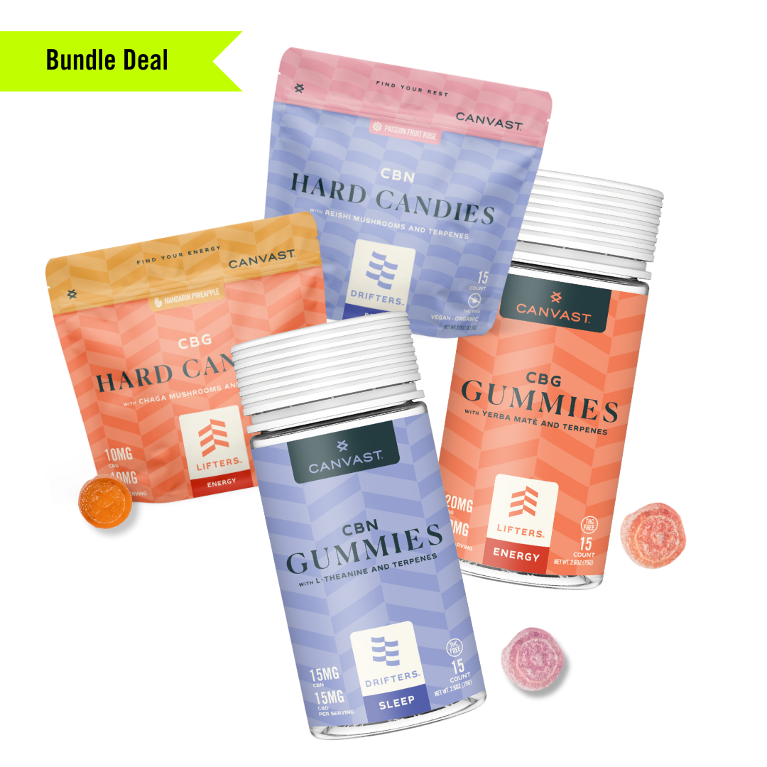 THC Free Edibles Bundle Featuring Lifters Energy CBG Hard Candies, Lifters Energy CBG with Yerba Mate Gummies, Drifters Sleep CBN Hard Candies, Drifters Sleep CBN with L-Threonate Gummies