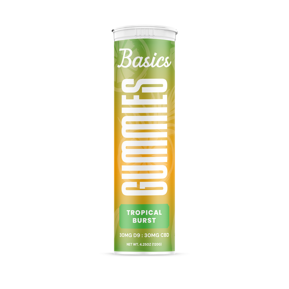 Tube of Basics Gummies Tropical Burst flavor on a white background - 10 count 30mg Delta-9 THC and 30mg CBD