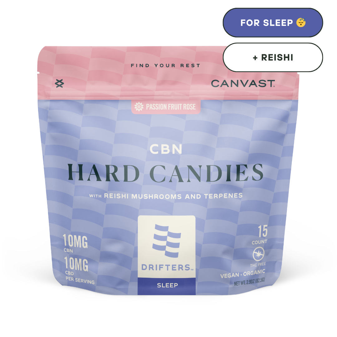 canvast drifters hard candies edibles for sleep with cbn, cbd, reishi mushrooms and terepnes.