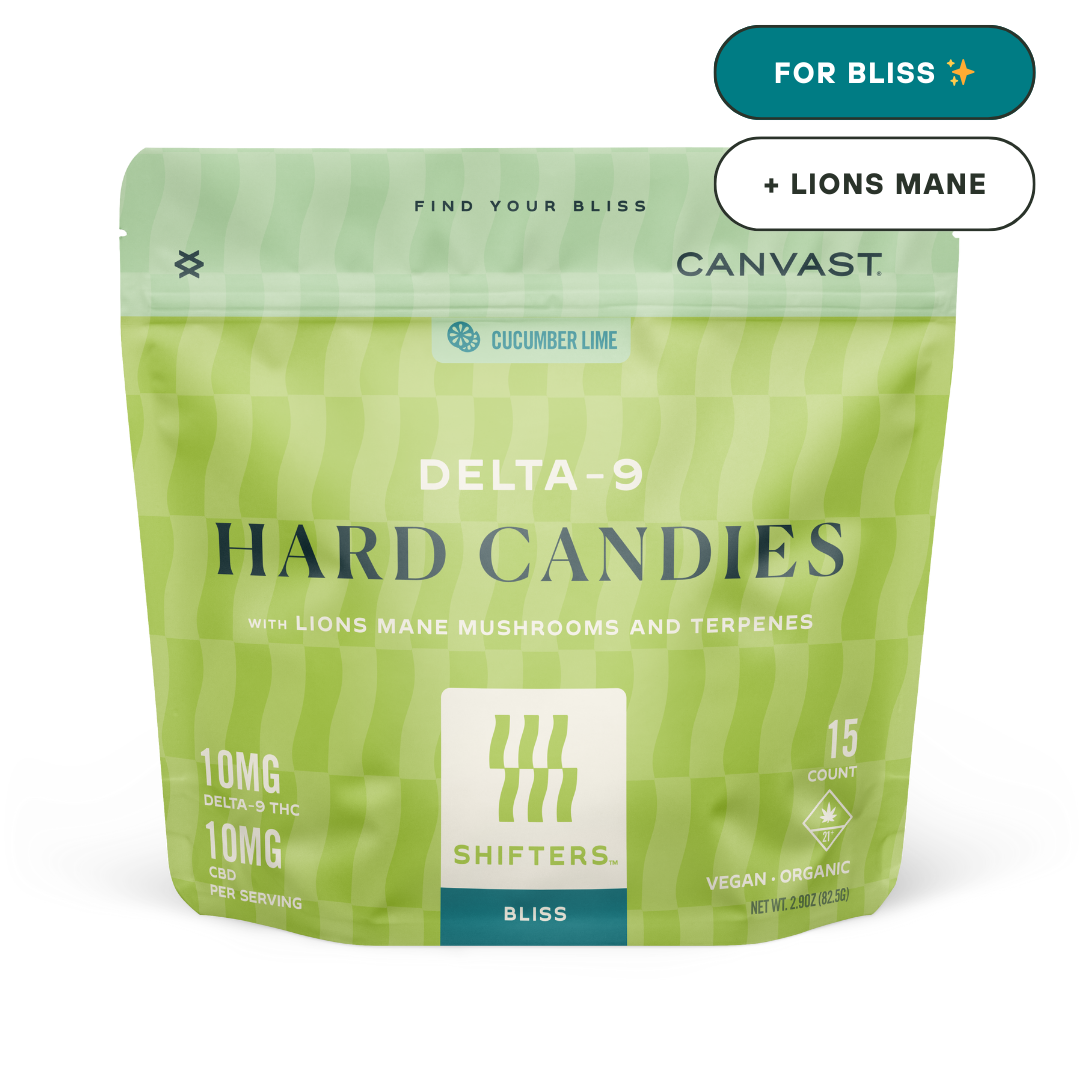 canvast shifters for bliss hard candies edibles with delta-9, cbd, lions mane mushrooms and terpenes.