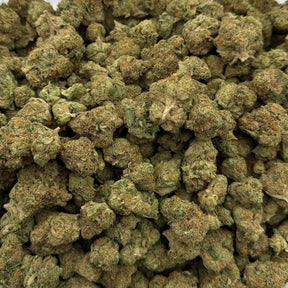 Durban Poison hemp flower with chunky, resin-coated buds and golden-green coloration