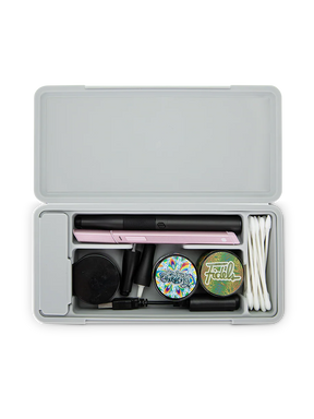 The Travel Case keeps your stash organized. Featuring a ridged hard aluminum exterior with a magnetic lid closure and soft silicone inside to reduce rattling, the Travel Case has room for a Pivot + Hot Knife, up to 3 jars, cotton swabs, a covered section for trash, and anything else you might need.