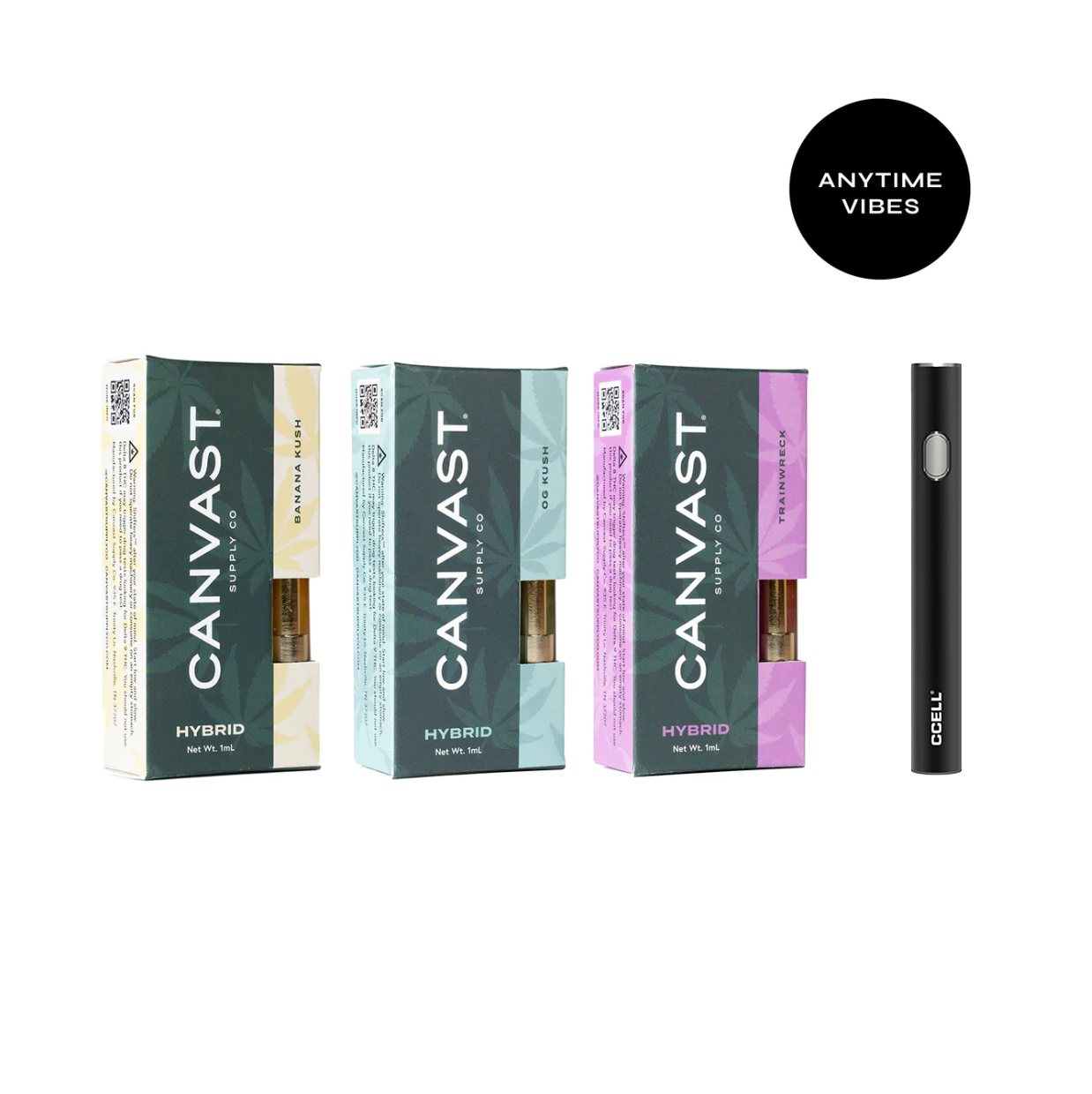 A line up of three vape cartridges and a c-cell 510 thread battery featuring Banana Kush terpenes, OG Kush terpenes and Train Wreck Terpenes in hybrid varieties..