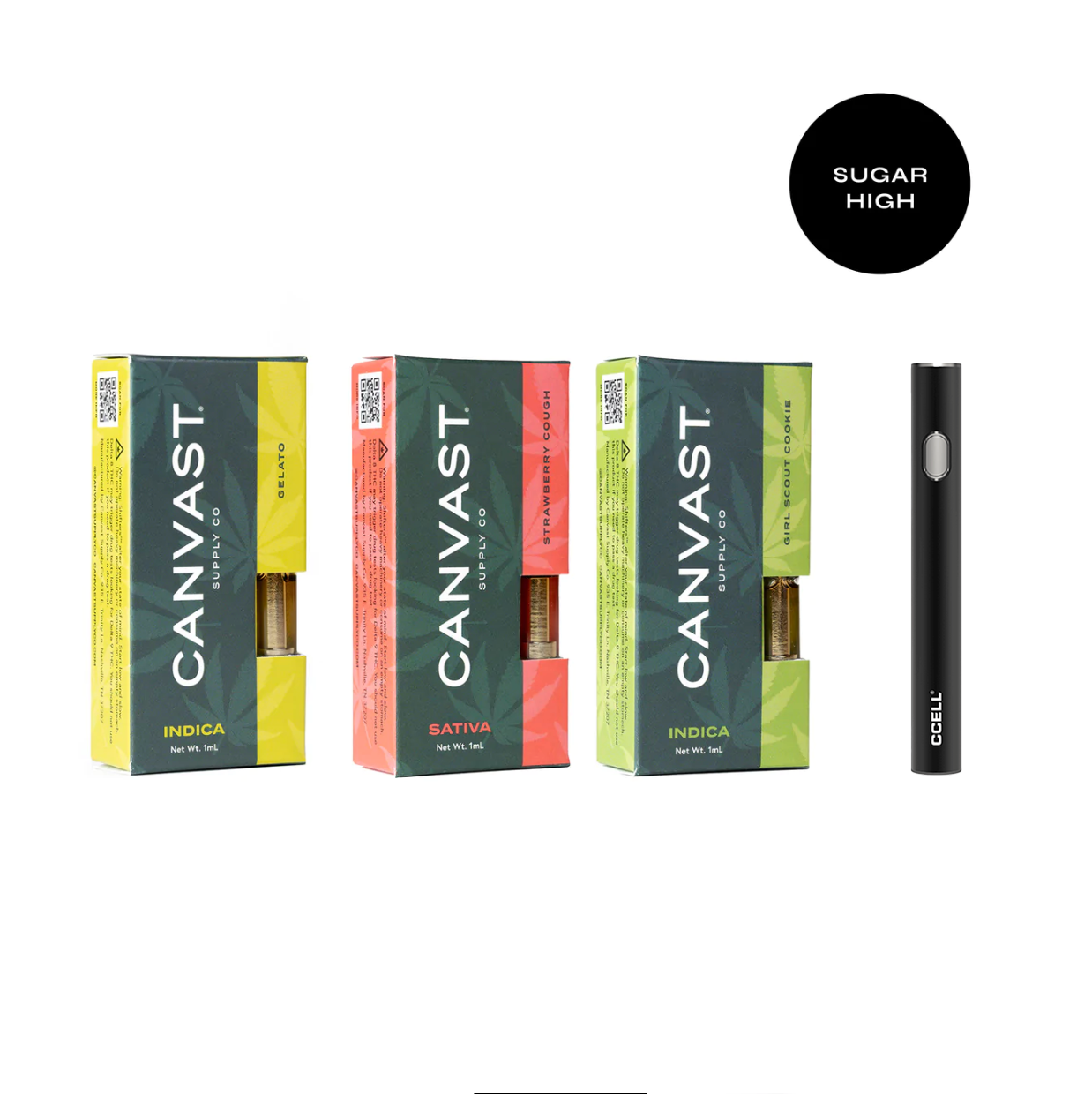 A line up of three vape cartridges and a c-cell 510 thread battery featuring Gelato terpenes, Strawberry Cough terpenes and Girl Scout Cookies Terpenes in indica and sativa varieties.