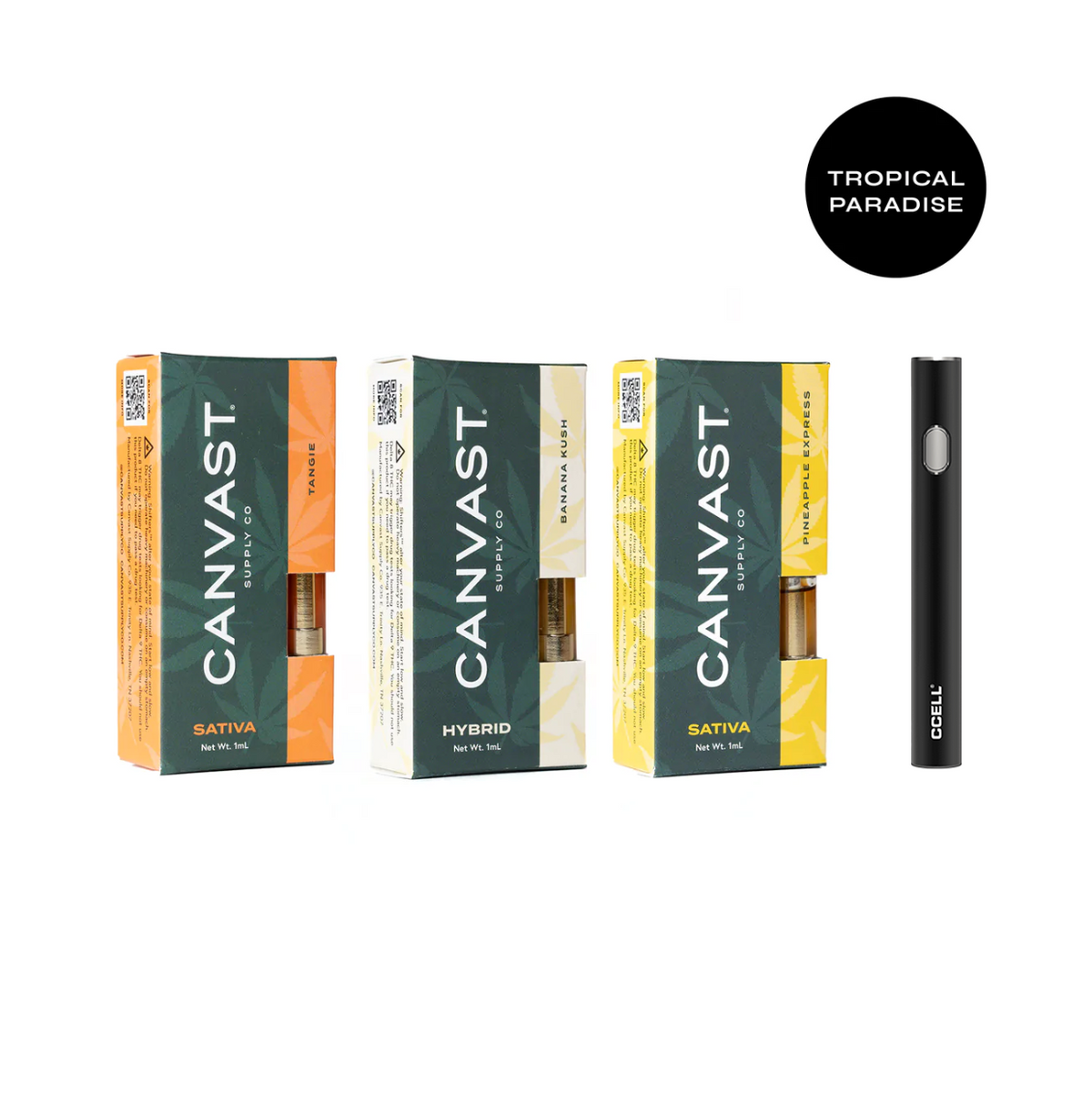 A line up of three vape cartridges and a c-cell 510 thread battery featuring Banana Kush terpenes, Tangie terpenes and Pineapple KushTerpenes in sativa and hybrid varieties.