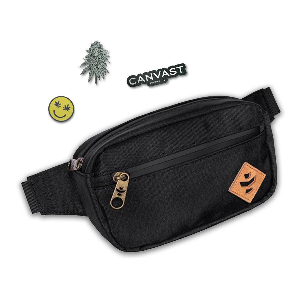 Revelry smell proof bag for your stash. Travel bag, easy to wear, water resistant with branded Canvast enamel pins.